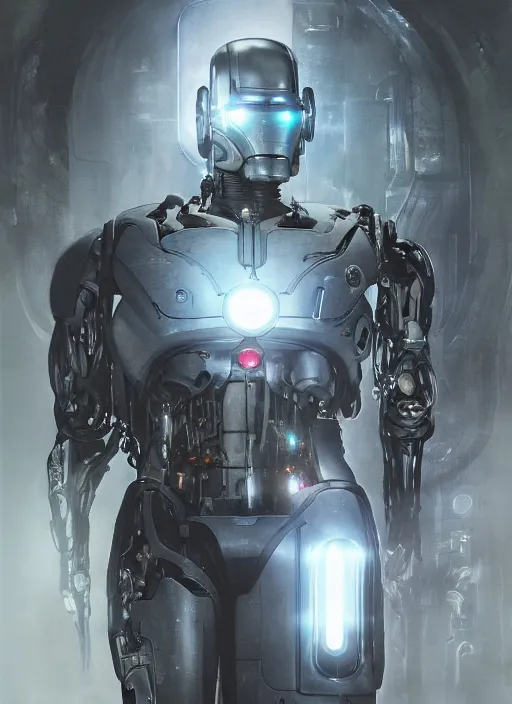 Image similar to cyborg, borg, android, strogg, face of a man, body of a robot, droid, robocop, cable, victor stone, ultron, terminator, machine, flesh, quake, doom demon, wolfenstein, monster, octane render, from an anime movie, symmetry, symmetrical, concept art by ruan jia and greg rutkowski