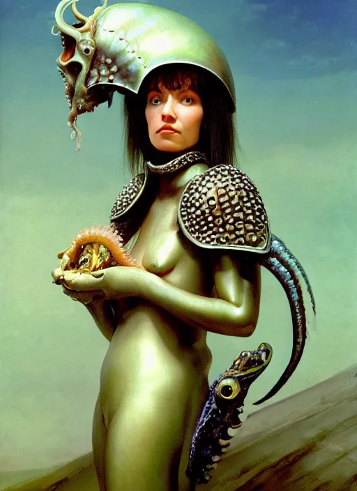 Image similar to cinematic portrait photo of the half ammonite dark crystal skeksis ramona flowers with wet hair dressed in mother of pearl armor, biting into a juicy squid snack, ryden, kawase hasui, dorothea tanning, edward hopper and james gilleard, aivazovsky, beksinski, outram, artstation