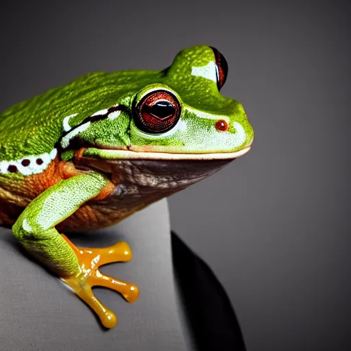 Image similar to a frog wearing a suit, studio portrait, dramatic lighting, award-winning photography, 8k