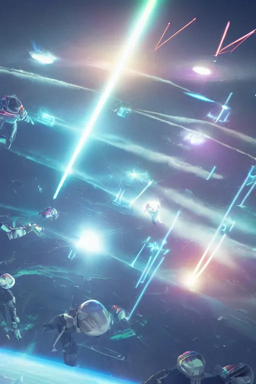 Image similar to wide view of a dozen futuristic spacemen firing lasers, zero gravity, floating, in space, bright, hiding behind obstacles, surrounded by a laser grid, stars visible, unreal engine, lensflares, low perspective, fish eye