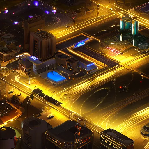 Image similar to isometric nighttime cityscape shot from helicopter from wipeout playstation detailed photorealistic 4 k unreal engine