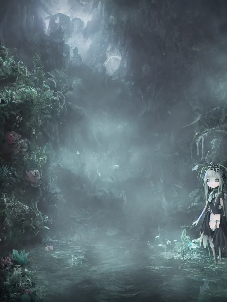 Prompt: cute fumo plush of a frail cursed witch girl wandering the depths of the forbidden jungle, gothic wraith maiden, wispy smoke and volumetric fog on the reflective surface of a pond, delapidated ruins, filmic, symmetric beauty, moonlight midnight glow, vignette, vray