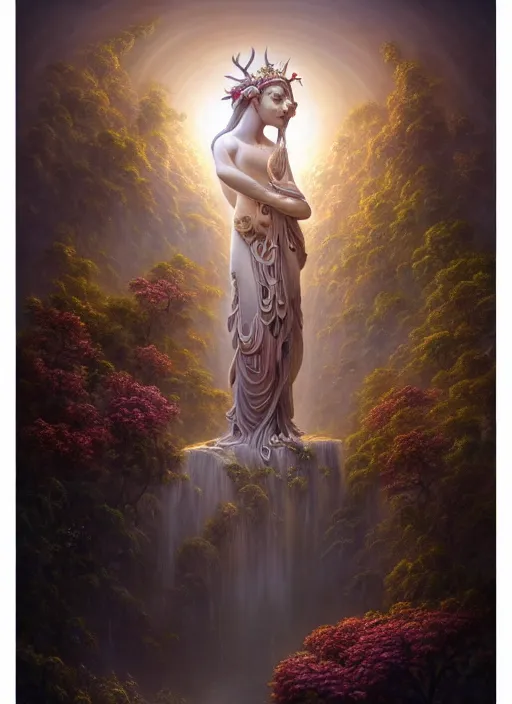 Image similar to statue of a long forgotten deity with flowers sprouting out of it, serene, in the style of tomasz alen kopera and fenghua zhong and peter mohrbacher, mystical colors, rim light, beautiful lighting, 8 k, stunning scene, raytracing, octane, trending on artstation