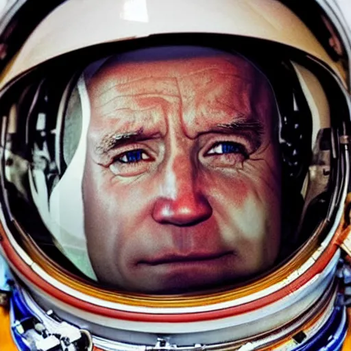 Image similar to A dramatic up close shot of Joe Biden staring into the camera as an astronaut, extremely detailed award winning photo, surreal