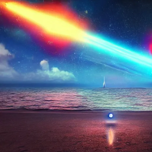 Image similar to a giant glowing spaceship floating in the ocean, an old soul standing on the beach overlooking, colorful sky with many stars, hyper realistic, epic lighting, rending on artstation