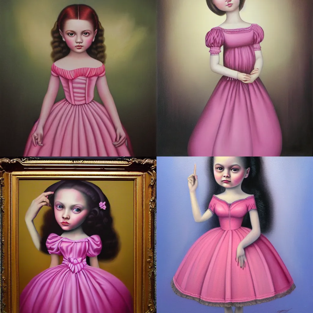 Prompt: painting of a young girl in a pink dress by mark ryden