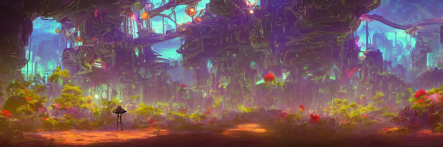 Image similar to beautiful low angle painting of an alien world with sleek architecture, steampunk, ground made of multicolour flowers, neon lights, a tiny girl watching on, in the style of don bluth, elegant, highly detailed, digital painting, artstation, cinematic lighting, glowing light and shadows, trending on artstation, octane render