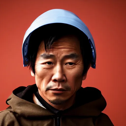 Image similar to a close up photographic portrait of a rugged asian actor wearing wet weather gear looking worried taken by annie leibowitz. cinematic lighting, blue background colour, 5 0 mm, subsurface scatter.