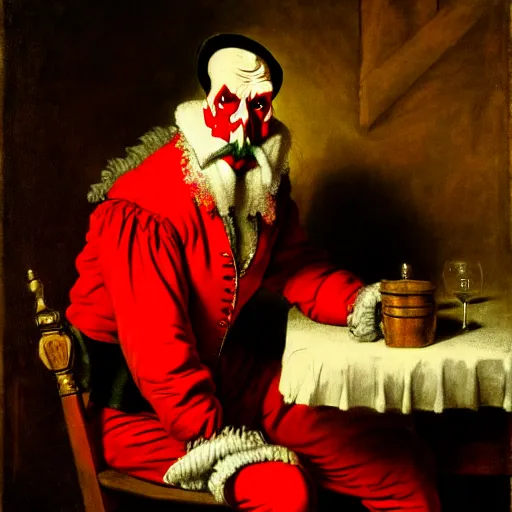 Prompt: a plotting man in a red jester suit sitting in a wooden chair near a table covered with cloth. the room is dimly lit. style of Jan Matejko, ominous, realistic, highly detailed