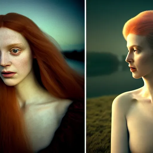 Image similar to photographic portrait of a stunningly beautiful english renaissance female in soft dreamy light at sunset, beside the river, soft focus, contemporary fashion shoot, in a denis villeneuve and tim burton movie, by edward robert hughes, annie leibovitz and steve mccurry, david lazar, jimmy nelsson, extremely detailed, breathtaking, hyperrealistic, perfect face, octane render