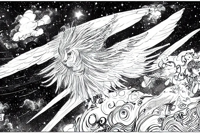 Image similar to angelic majestic winged lioness flying in outer space, stars dotted in background, black and white ink on paper, thick thick thick outlines, 8k high quality detailed manga art, trending on art station and cgsociety, super wide angle, octane, by Eiichiro Oda and Hokusai