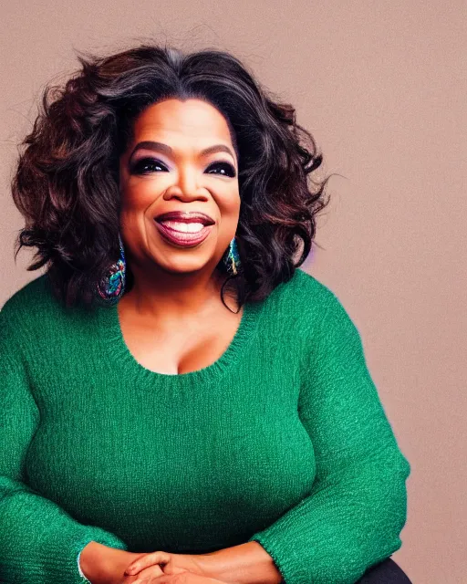 Image similar to headshot of the oprah winfrey, wearing a colorful coogi sweater, and black jeans, photoshoot in the style of annie leibovitz, studio lighting, soft focus, bokeh