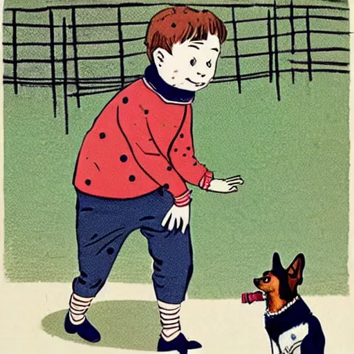 Image similar to book illustration of a french boy on the streets of paris playing football against a corgi, the dog is wearing a polka dot scarf, 1 9 6 6