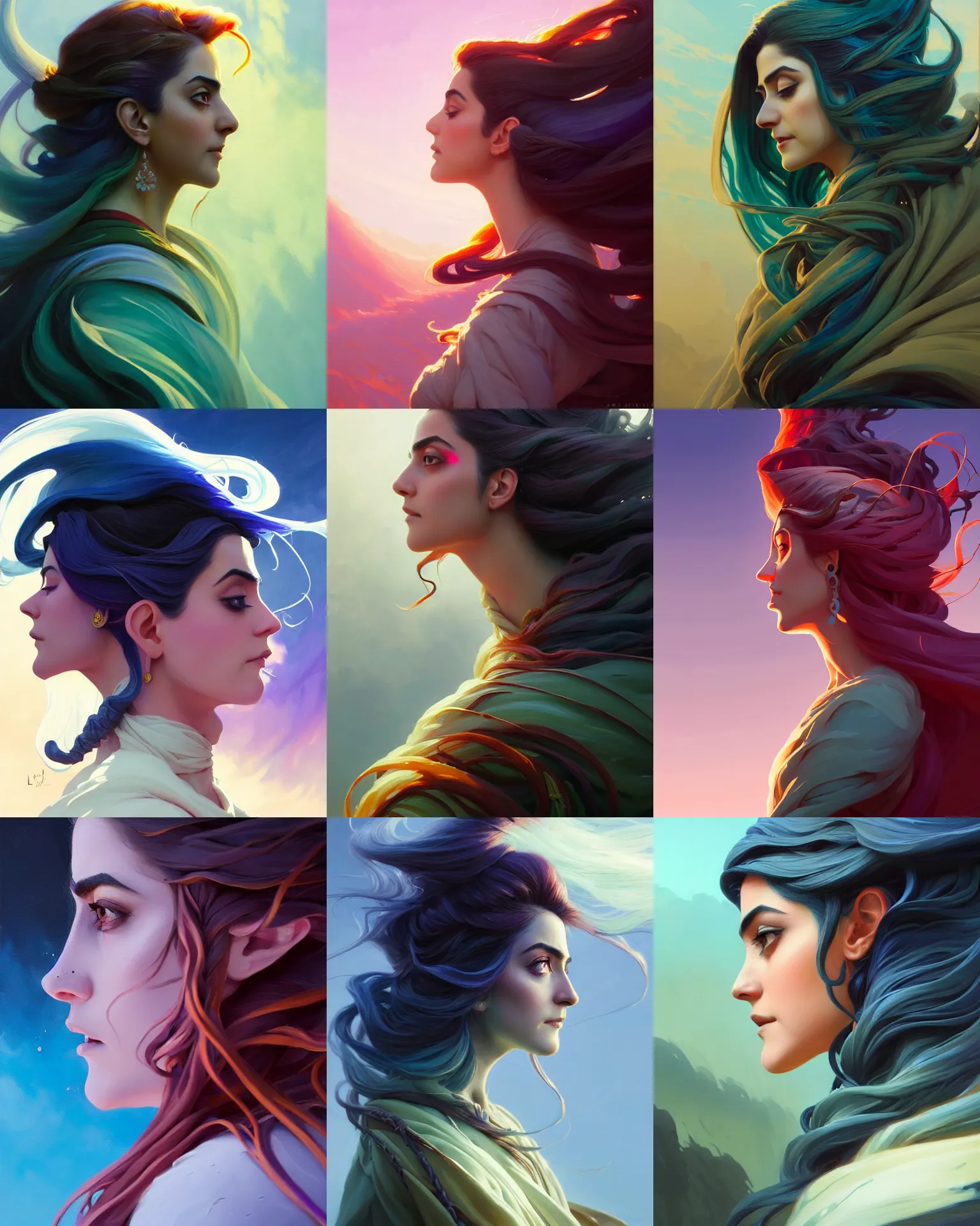 Prompt: side profile centered painted portrait, Maya Ali as a Elden Ring wind mage, wispy wind tendrils, D&D, matte painting concept art, beautifully backlit, official fanart, 4k, HDR, Trending on artstation, Behance, Art Nouveau, chromatic colours, by Jesper Ejsing and RHADS and Makoto Shinkai and Lois van baarle and ilya kuvshinov and rossdraws and Cushart Krentz and Gilleard James