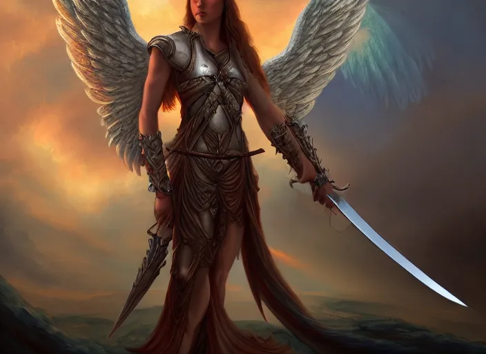 Image similar to a digital painting of an angel holding two swords, a digital rendering by jan tengnagel, fantasy art, deviantart uhd, deviantart, apocalypse art, ray tracing, highly detailed, high quality, 8 k resolution