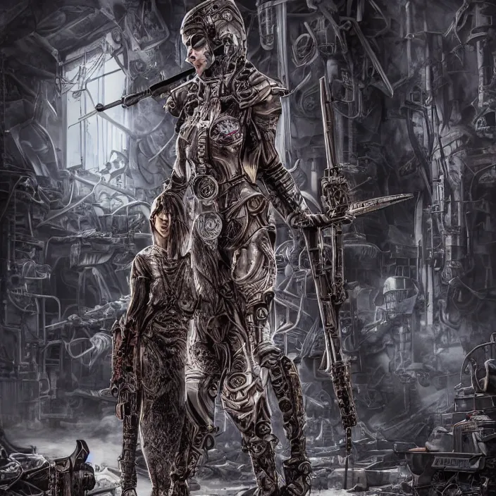 Image similar to apocalyptic woman in hood standing in hall of machinery and weaponry, hyper - detailed, smooth, sharp focus, 4 k ultra hd, fantasy dark art