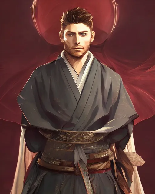 Image similar to an anime portrait of jensen ackles as a beautiful man wearing a kimono from skyrim, by stanley artgerm lau, wlop, rossdraws, james jean, andrei riabovitchev, marc simonetti, and sakimichan, trending on artstation