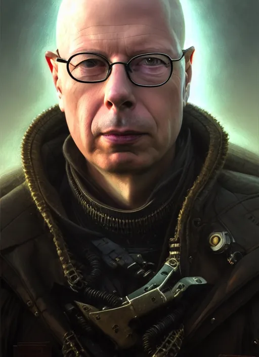 Prompt: closeup portrait shot of a cyberpunk klaus schwab in a scenic dystopian environment, intricate, elegant, highly detailed, centered, digital painting, artstation, concept art, smooth, sharp focus, illustration, artgerm, tomasz alen kopera, peter mohrbacher, donato giancola, joseph christian leyendecker, wlop, boris vallejo