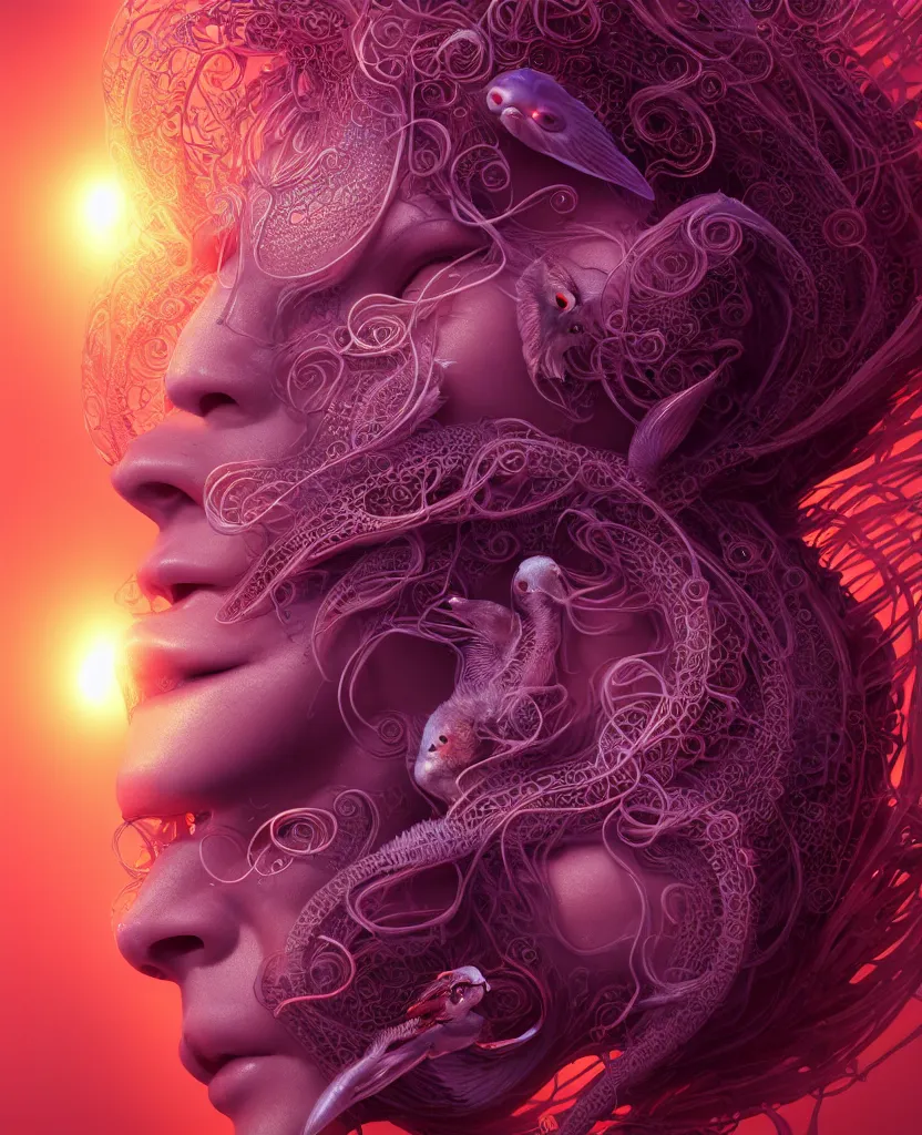 Image similar to goddess close-up face portrait. chimera orchid jellyfish phoenix head, nautilus, skull, betta fish, bioluminiscent creatures, intricate artwork by Tooth Wu and wlop and beeple. octane render, trending on artstation, greg rutkowski very coherent symmetrical artwork. cinematic, hyper realism, high detail, octane render, 8k