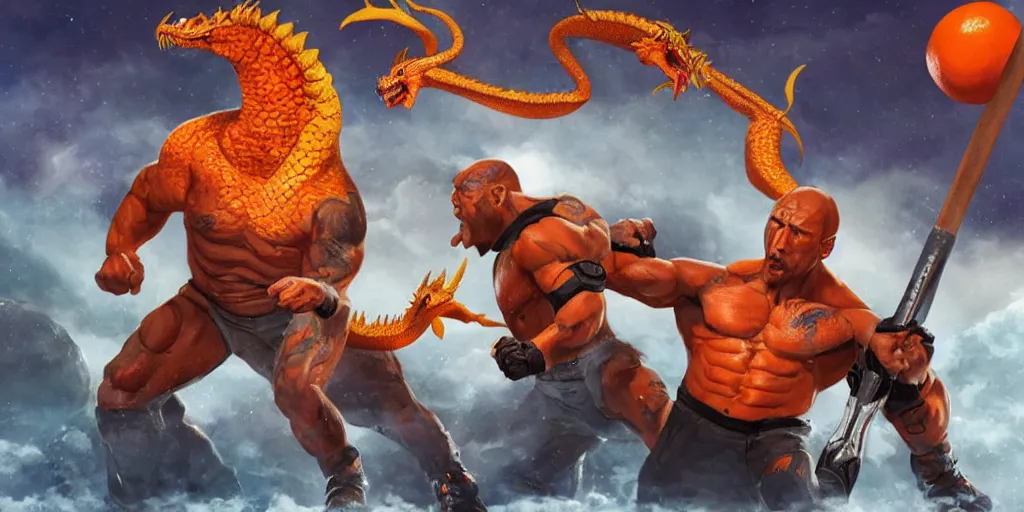 Image similar to concept art of dwayne johnson with a baseball bat fighting an orange dragon outside a space station