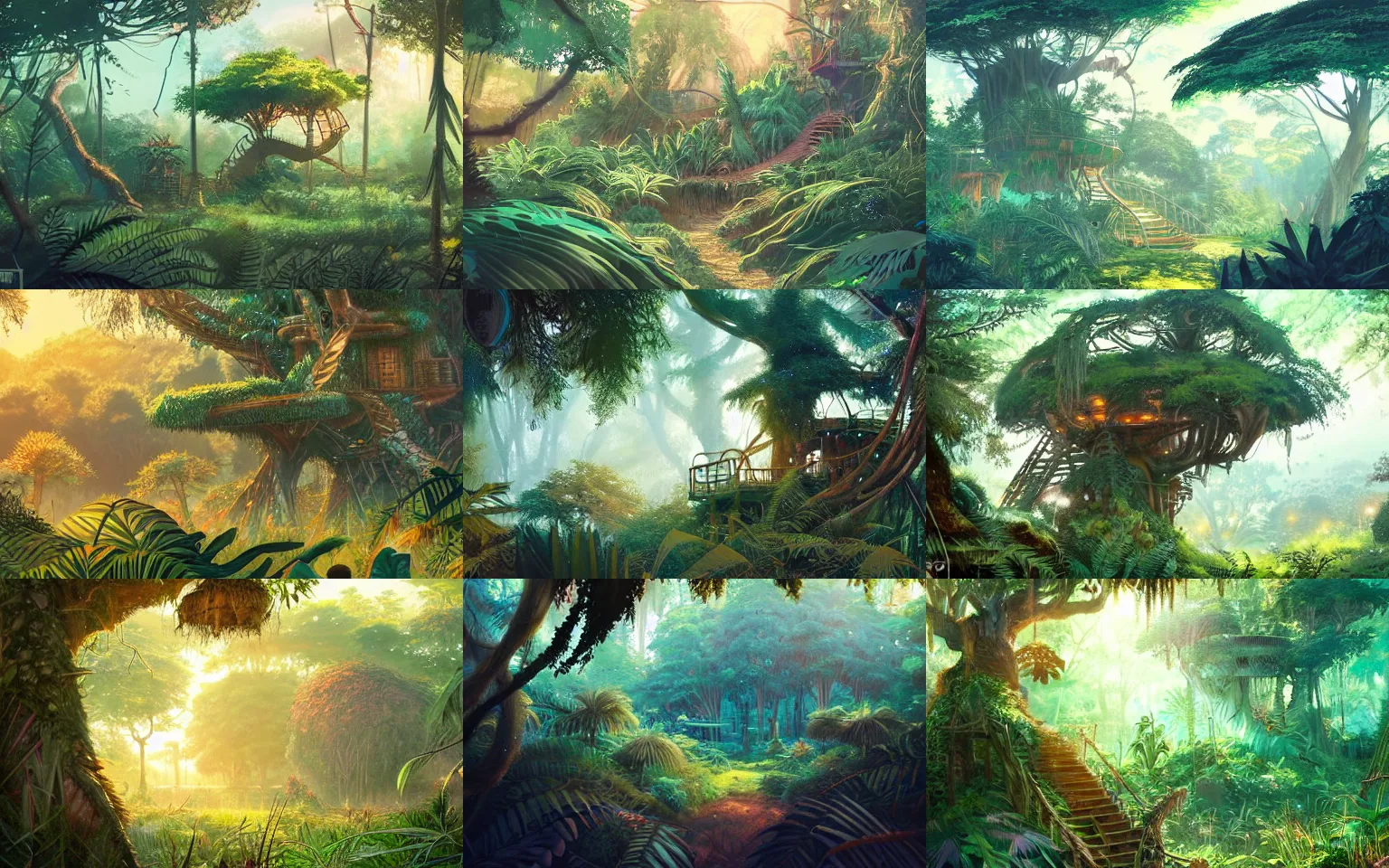 Prompt: concept art landscape of a jungle scene during golden hour, an overgrown treehouse in the middle of a clearing, beautiful, fantasy, colorful, cinematic lighting, artstation, trending, highly detailed, focus, smooth, by studio ghibli, rossdraws, hirohiko araki, conrad roset, yoshitaka amano