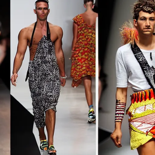 Prompt: a modern day fashion catwalk of an australian aborigine