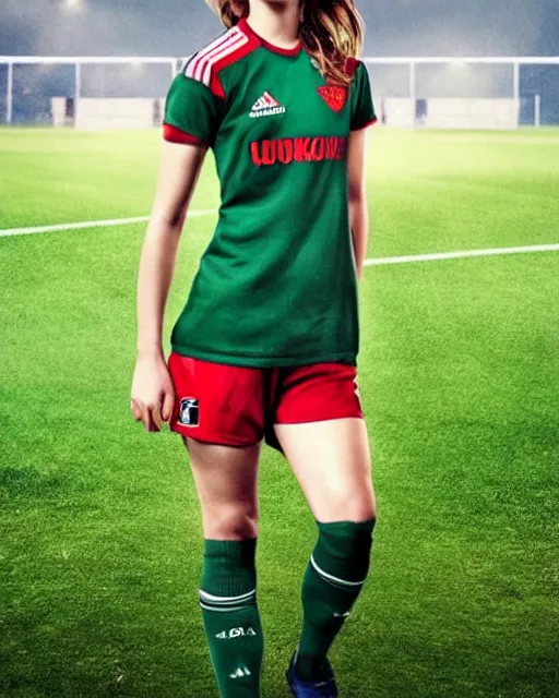 Image similar to a portrait of emma watson as a lokomotiv football player, hyper realistic