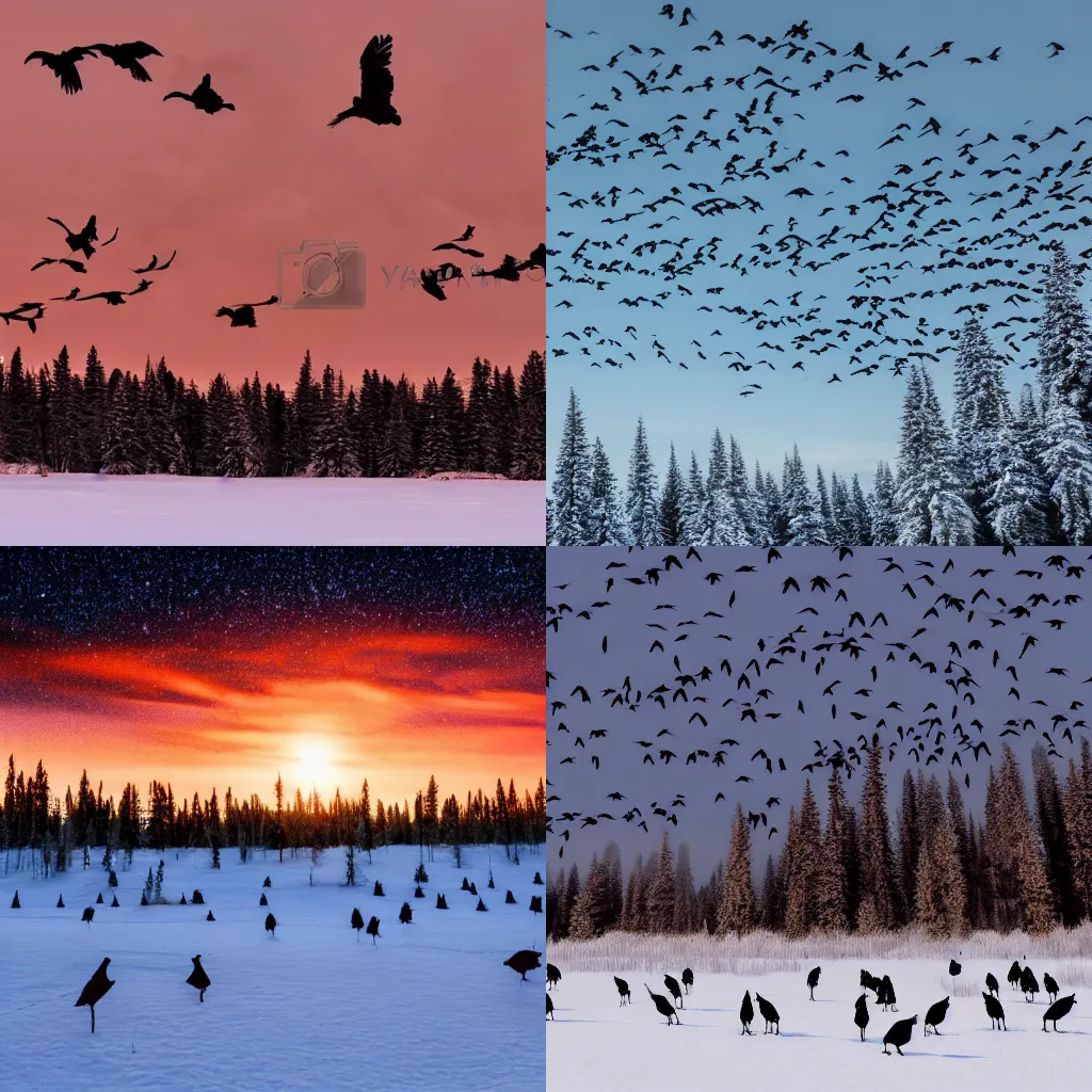 Prompt: Flock of crows spanning across a boreal forest winter sky, volumetrics, warm lighting