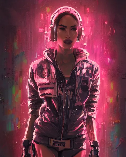 Image similar to detailed portrait Megan Fox Neon Operator Girl, cyberpunk futuristic neon, reflective puffy coat, decorated with traditional Japanese ornaments by Ismail inceoglu dragan bibin hans thoma greg rutkowski Alexandros Pyromallis Nekro Rene Maritte Illustrated, Perfect face, fine details, realistic shaded, fine-face, pretty face