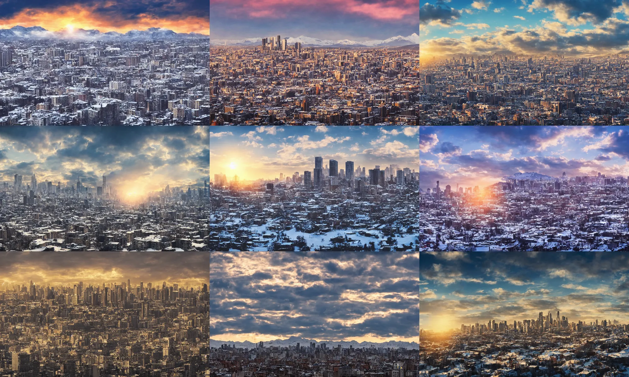 Prompt: City view, high rises with snowy hills in the background, photograph, photorealism, atmospheric light, clouds, sunset time
