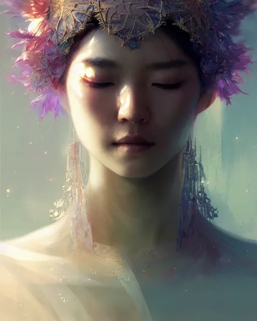 Prompt: the three suns, fractal crystal, beauty portrait by ruan jia, tooth wu, wlop, james jean, victo ngai, intricate flower tiara, delicate, beautifully lit, muted colors, highly detailed, artstation, long hair, fantasy art by craig mullins, thomas kinkade