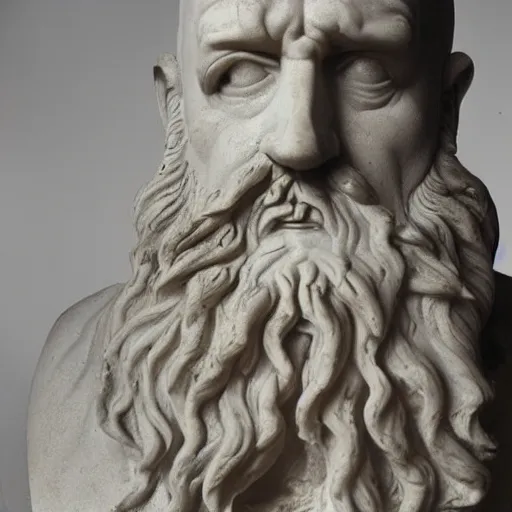 Image similar to epic greek marble statue of a grumpy bald man with a long beard, photo, chiaroscuro