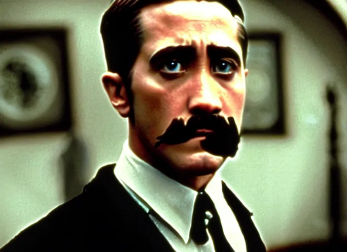 Image similar to jake gyllenhaal as hitler in downfall ( 2 0 0 4 ). grainy movie still