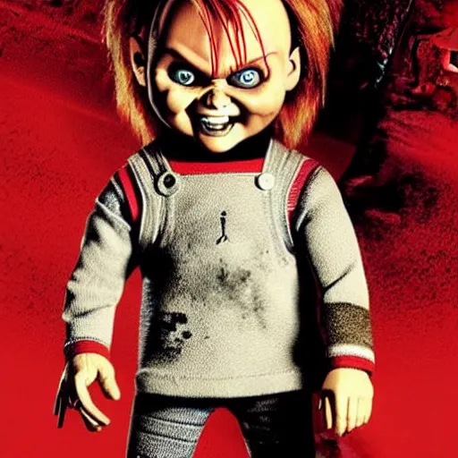 Image similar to Chucky the killer doll from the movie Child's Play VS demonic toys movie poster