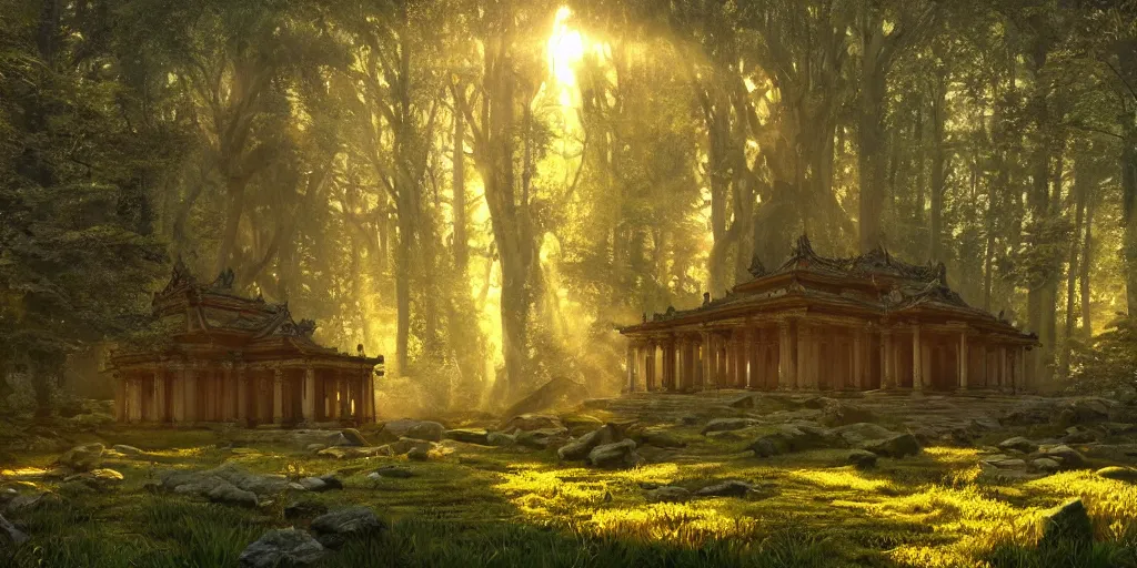 Image similar to Ancient temple lost in the heart of the forest belonging to the ancient goddess of earth and trees | dramatic light | cinematic lighting | sunshafts, volumetric lighting | golden hour | style of donato giancola