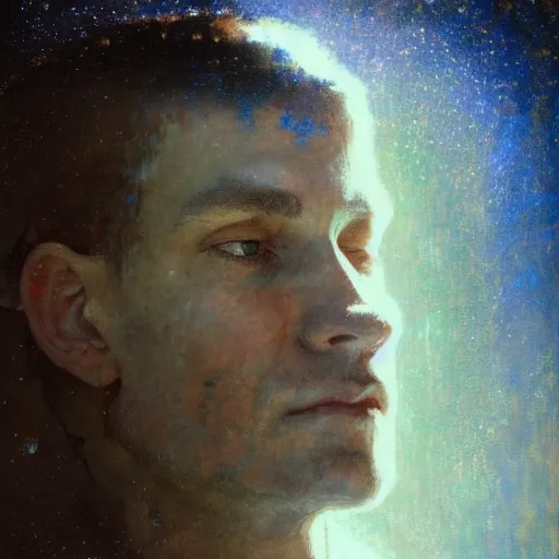 Image similar to hyperrealist portrait of an enormous glowing head made of stars by jeremy mann and alphonse mucha and alan lee, fantasy art, photo realistic, dynamic lighting, artstation, poster, volumetric lighting, very detailed faces, award winning