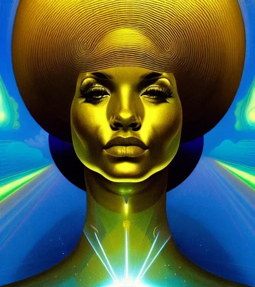 Prompt: a golden woman 2/3 portrait, in space, head breaking apart and spiraling geometry into the sky upwards, 3 point perspective, lazer beaming down to top of her head, by james jean, by frank frazetta, by roger dean, by syd mead artgerm, XF IQ4, f/1.4, ISO 200, 1/160s, 8K, RAW, featured in artstation, octane render, cinematic, elegant, intricate, 8k