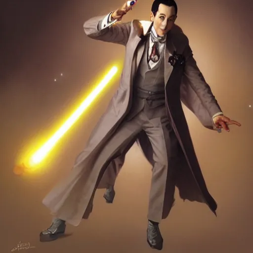 Prompt: Pee-Wee Herman playing a Jedi Knight, cinematic lighting, intricate, elegant, highly detailed, digital painting, artstation, smooth, sharp focus, illustration, art by artgerm and greg rutkowski and alphonse mucha and Wayne Barlowe and william-adolphe bouguereau