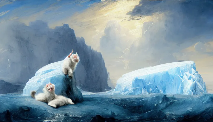 Prompt: highly detailed painting of white giant majestic chimera goat kitten seals on a blue and white iceberg by william turner, by greg rutkowski, by william constable, thick brush strokes and visible paint layers, 4 k resolution