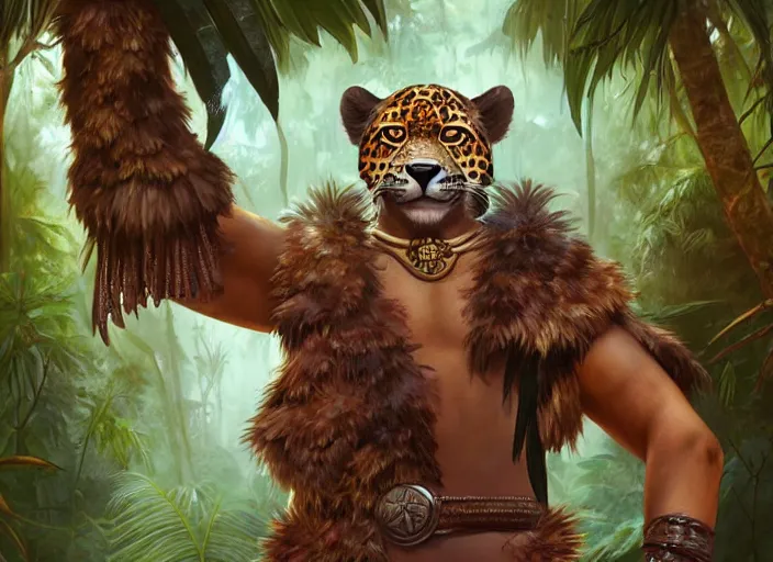 Image similar to character portrait feature of the anthro male anthropomorphic jaguar fursona animal person wearing shaman tribal outfit robes belt standing in the amazon rainforest, well framed character design stylized by charlie bowater, ross tran, artgerm, makoto shinkai, detailed, soft lighting, rendered in octane