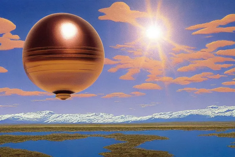 Image similar to a giant ((((metallic)))) floating sphere covered in canadian colorful aboriginal patterns!! hovering above a Yukon lake, (painted by Ralph McQuarrie), matte painting, very detailed, cold colors, concept art