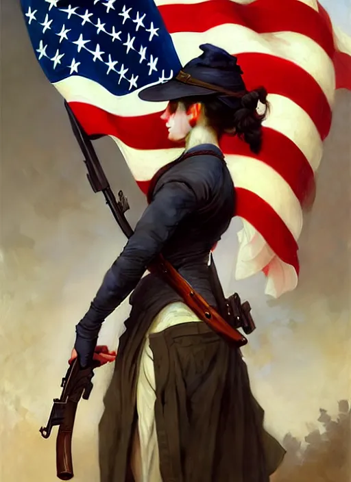 Image similar to character concept portrait of girl with an american flag in one hand and a rifle in one hand, victorian, intricate, elegant, digital painting, concept art, smooth, sharp focus, illustration, by Ruan Jia and Mandy Jurgens and William-Adolphe Bouguereau, Artgerm