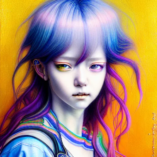 Image similar to a portrait of girl with rainbow hair white shirt, denim shorts, an ultrafine detailed painting by ayami kojima, cgsociety, fantasy, anime digital art, lovecraftian, cosmic horror, detailed painting