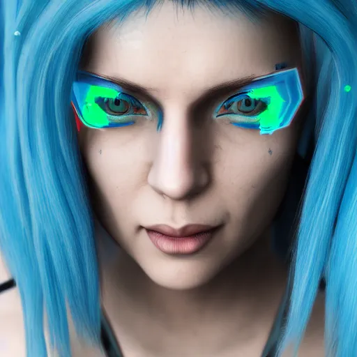 Image similar to a portrait of a cyberpunk woman, blue neon hair, hyperdetailed, rtx, hdr, 3 d render, octabe render, 8 k.