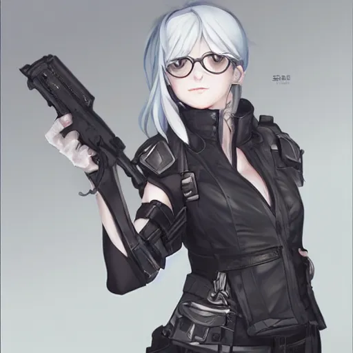 Prompt: silver hair girl, tactical (vest), portrait ilustration by Krenz Cushart and Shinji Aramaki