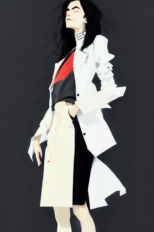 Prompt: a ultradetailed painting of a stylish woman wearing a white jacket with black skirt, by conrad roset, greg rutkowski and makoto shinkai trending on artstation