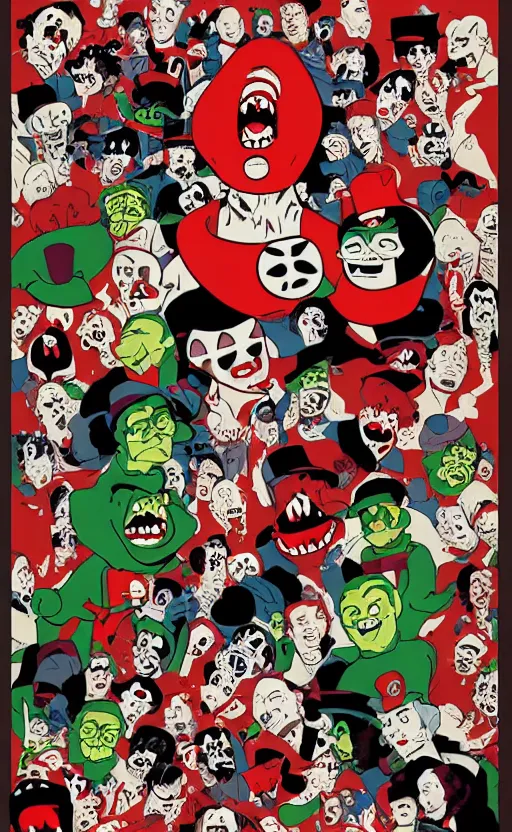 Prompt: horrorcore cel animation poster depicting gory waldo eating the deceased power puff girls, intricate faces, metropolis, 1 9 5 0 s movie poster, post - processing, vector art