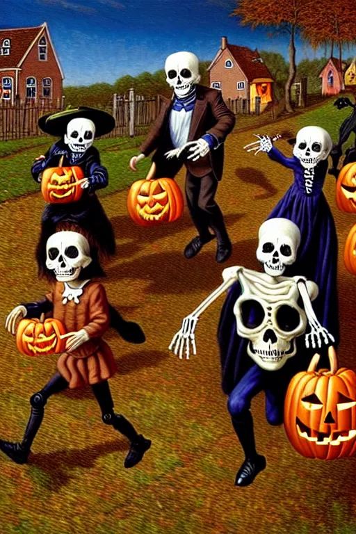 Prompt: a hyperrealistic painting of an autumn village trick or treaters being chased by witches and skeletons, by chris cunningham and richard corben, highly detailed, vivid color,