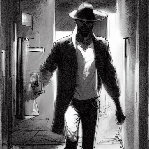 Image similar to a beautiful artwork of a man in jeans and white shirt entering a nightclub, by Jerome Opeña, smoky noir atmosphere theme featured on artstation