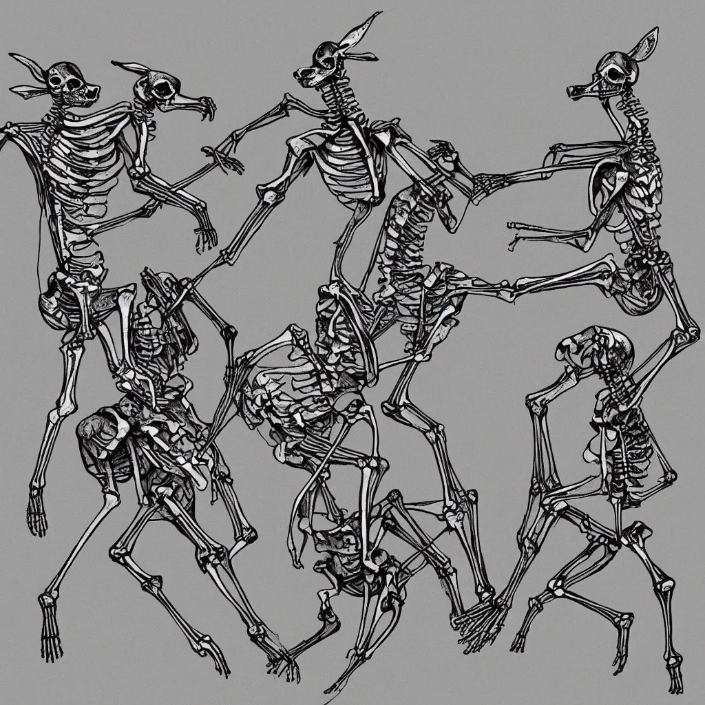 Prompt: two kangaroo skeletons fighting each other, super detailed, symmetrical, t-shirt design